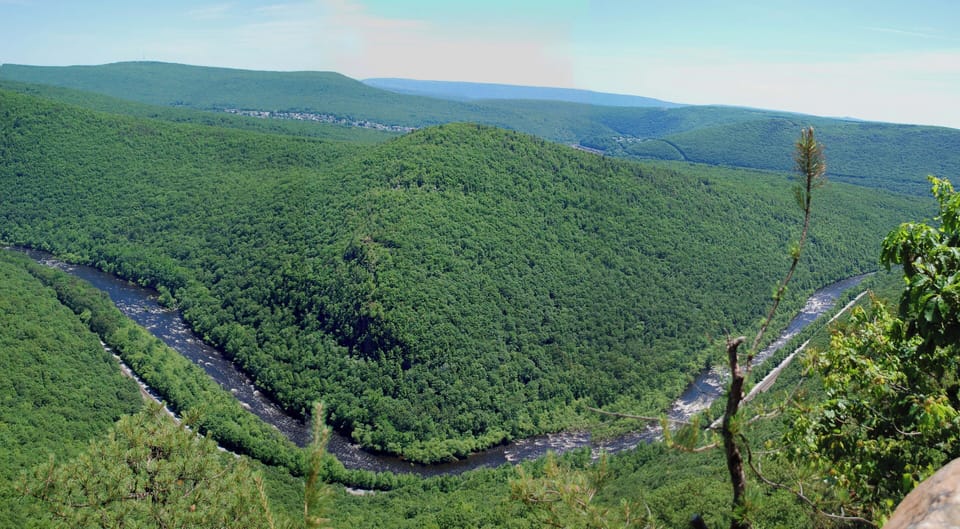 View from the top of the Lehigh Gorge.  river and biking trail below.