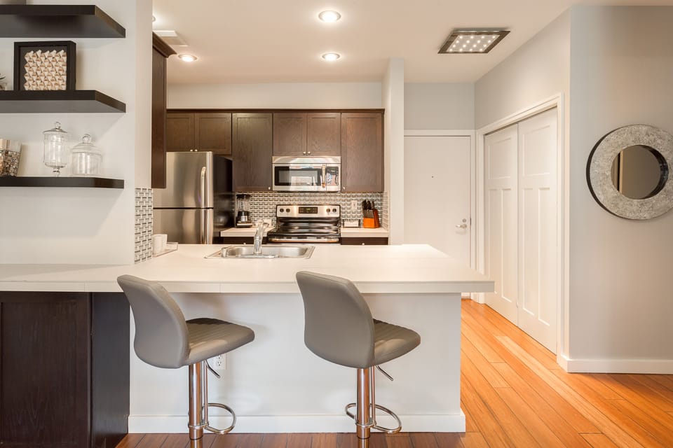 Kitchen counter dine-in space.
