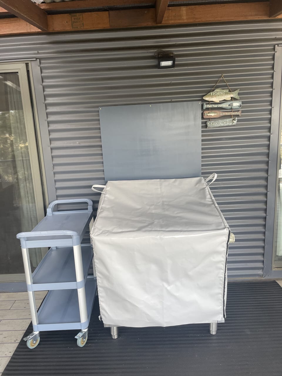 Gas griddle/toaster with cover (to keep the local critters off during the night)