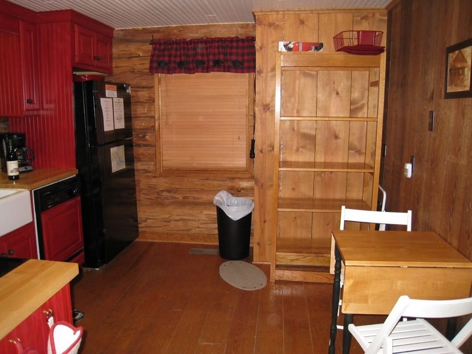 Another kitchen view.  6 ft. open shelves await your food.