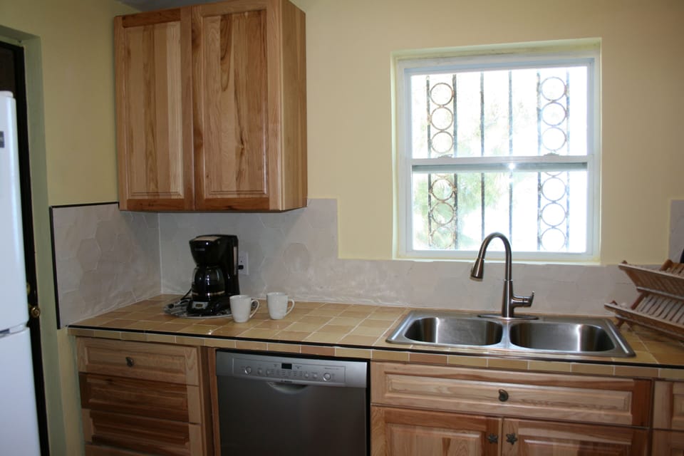 Coffee area, dishwasher and large sink.