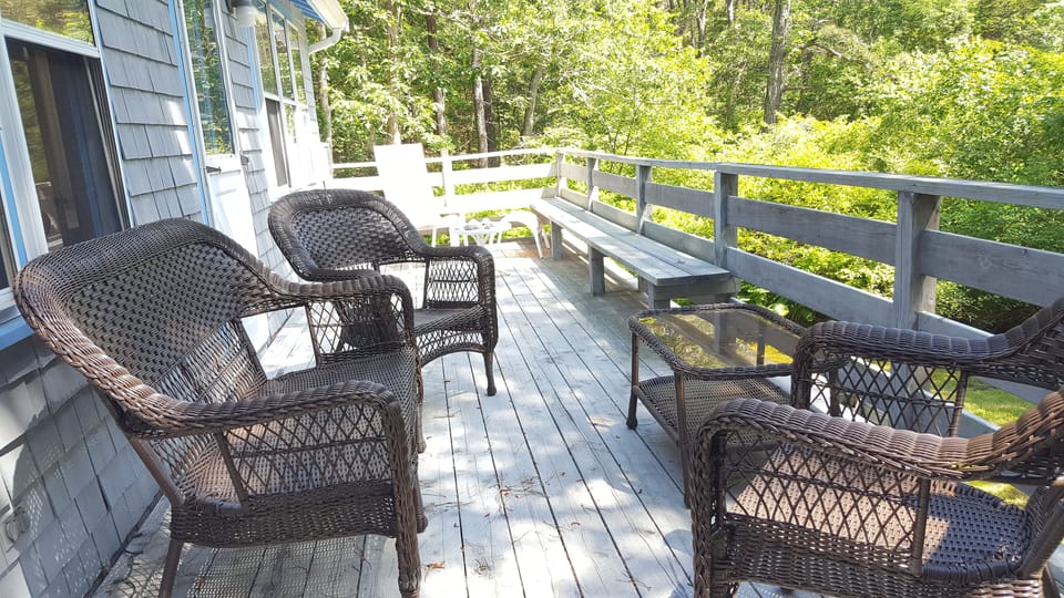 Back deck runs length of den to guest wing.  Access to deck from both rooms.