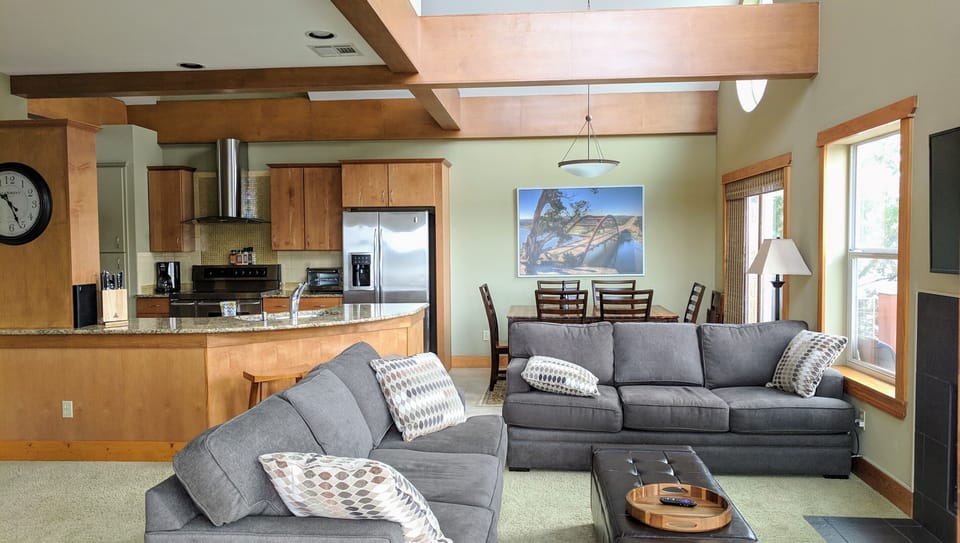 Living room, dining room and kitchen