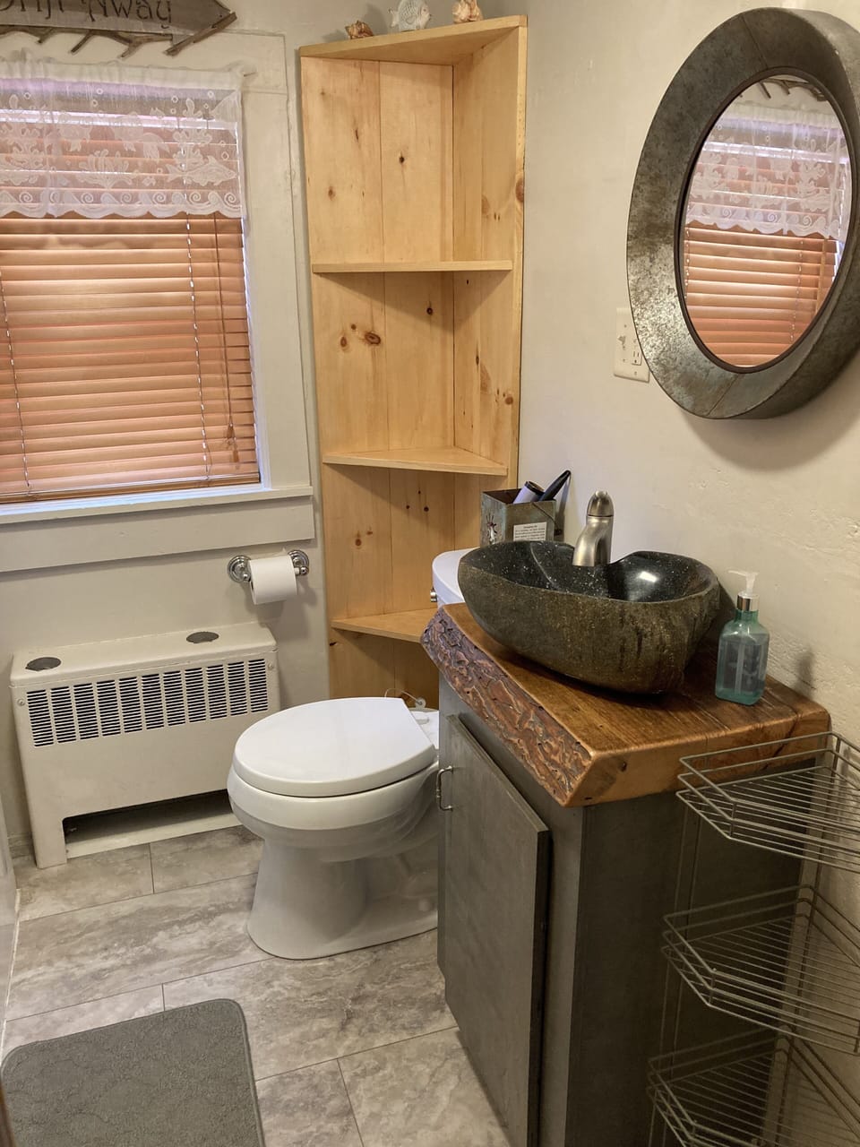 Bath with Shower/Tub & New vanity/vessel sink. Custom shelving for added storage