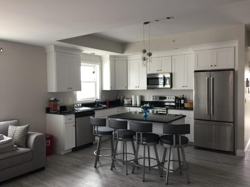 All Stainless Steel new kitchen, Watch the wide screen TV while you eat
