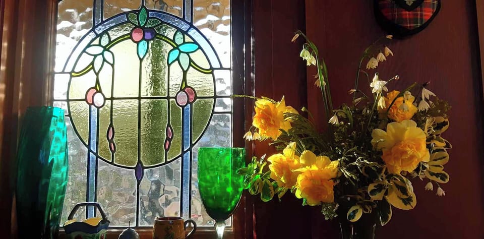 Stained glass character feature in lounge.