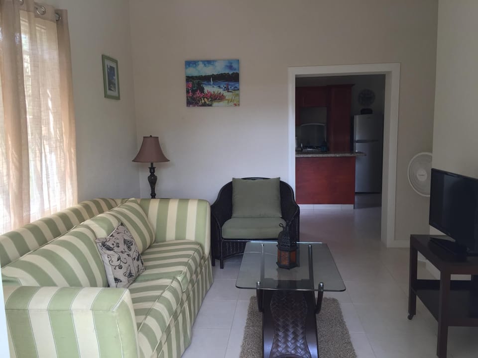Living/TV room with comfortable sofa/sofabed, telephone & cable TV