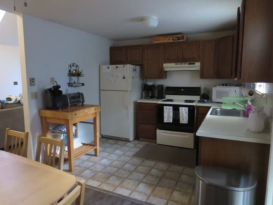 kitchen - fridge, microwave, stove, dishwasher.  