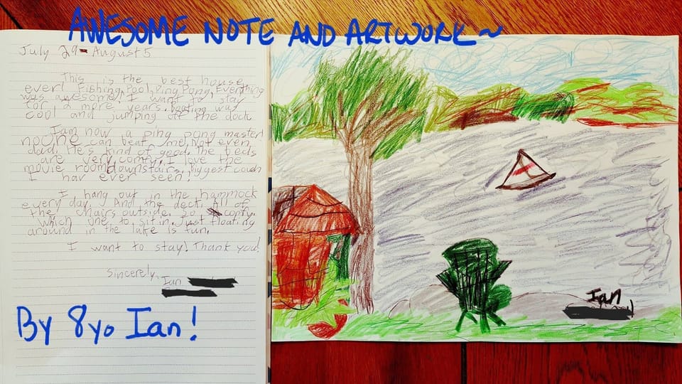 Wonderful note and artwork left in our guest book by 8 yo Ian, stayed Summer '17