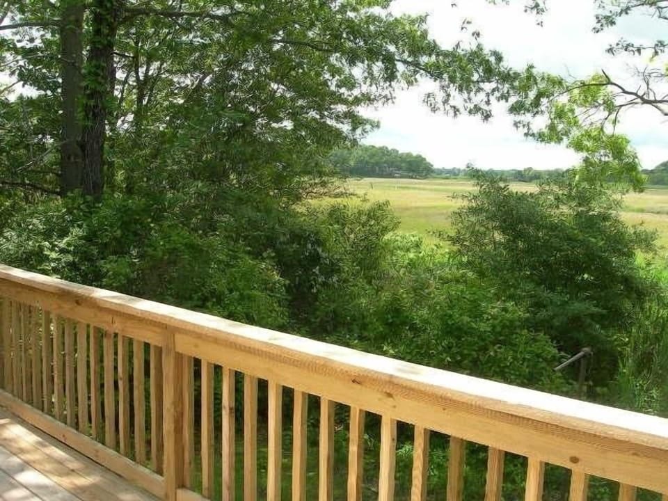Deck View of Salt Marsh, seats 8 table, new Web gas grill and outside shower