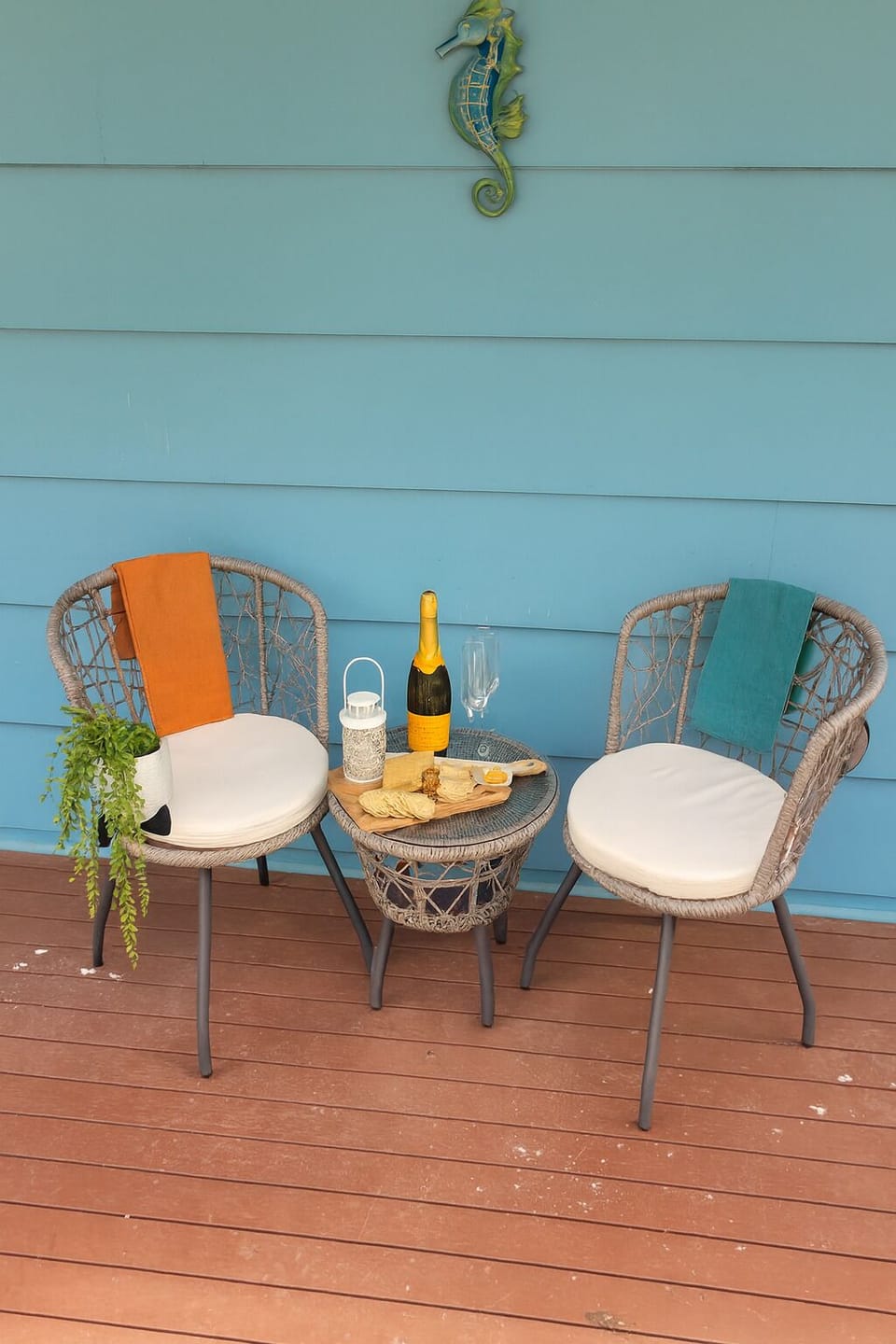 Relaxing on the front deck with totally private front garden and 6 foot fence
