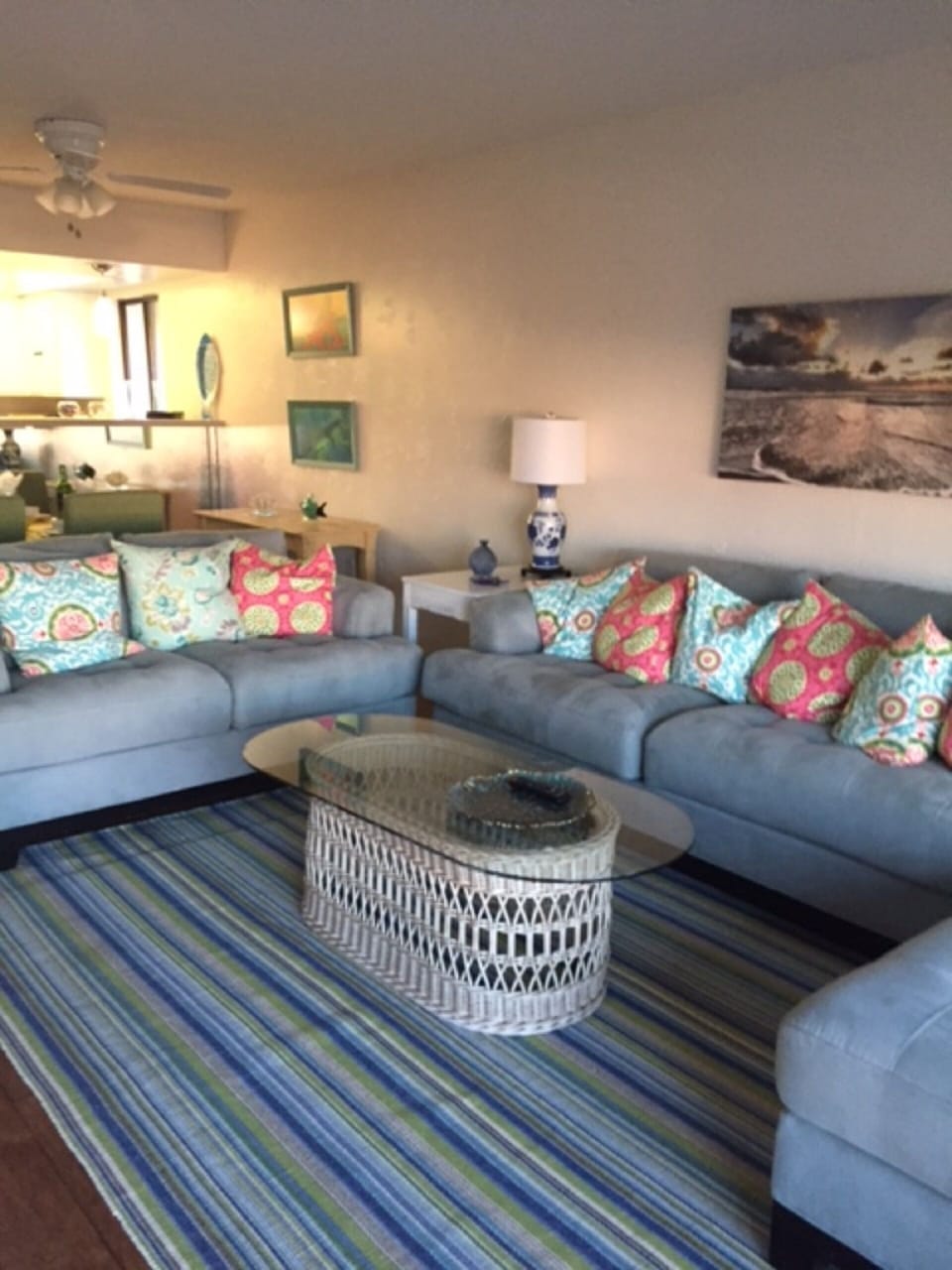 Wood floors and decorated in a combination of beach and shabby chic