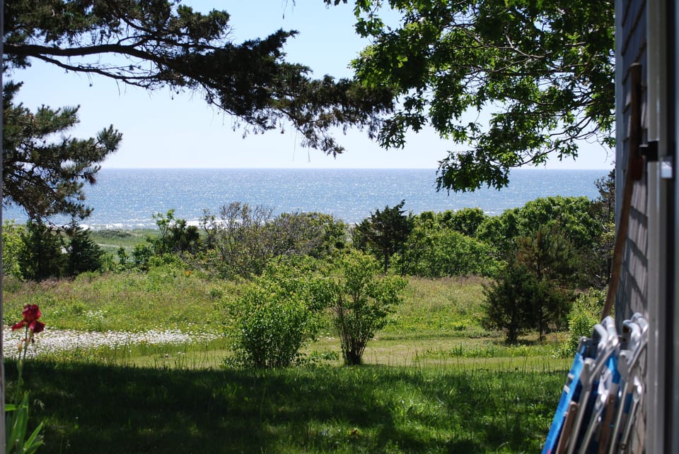 Summer view of Atlantic from entry deck, including beach chairs & iris.
