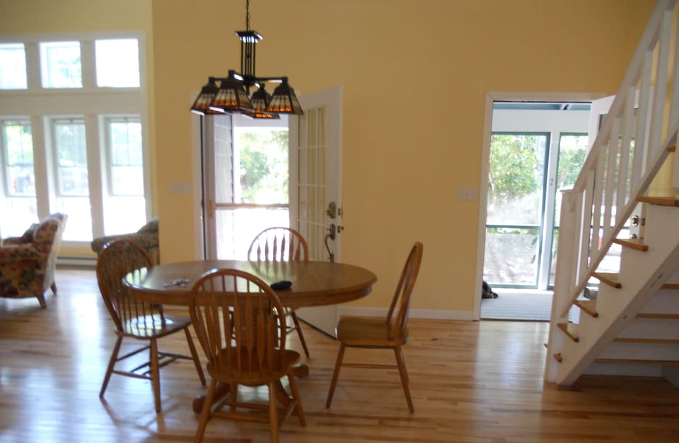 dining area new chandelier, new doors, new stairs