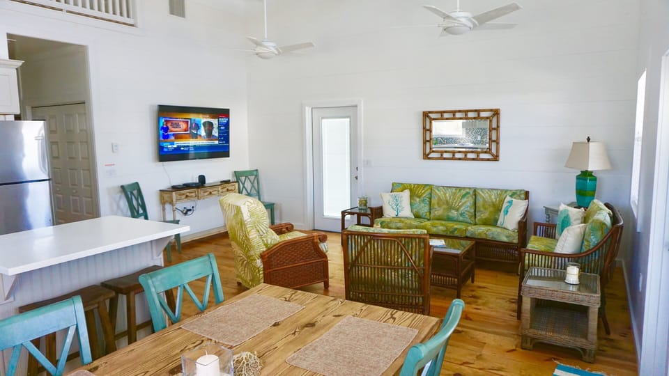 Open Beamed Cathedral Ceilings in Living, Dining & Kitchen area