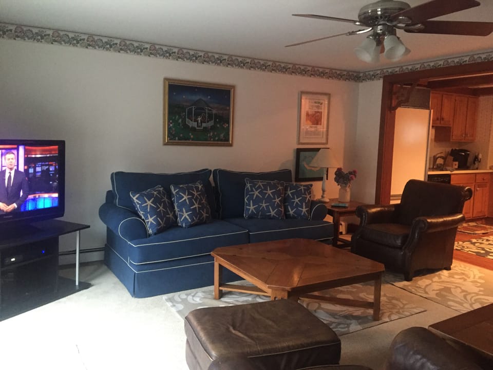 spacious living room with cable TV, pullout sofa and reclining chairs. 