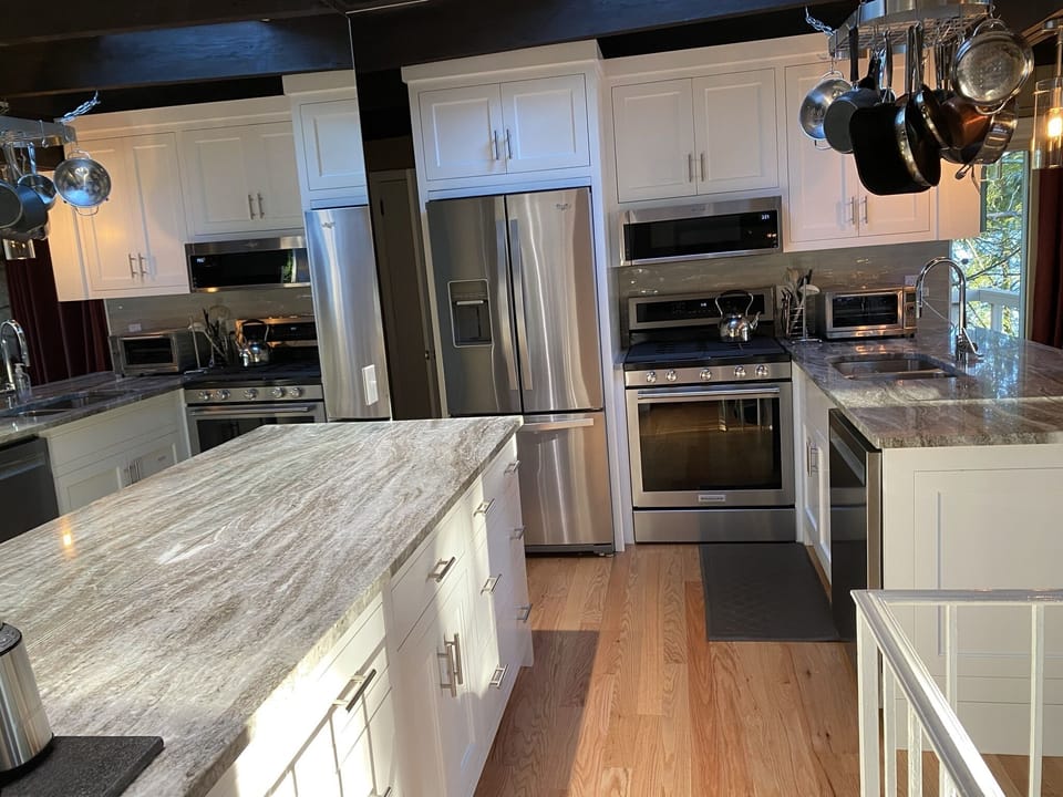 Kitchen with granite countertops.