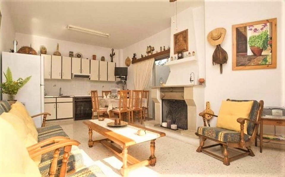 Living room with fireplace and kitchen