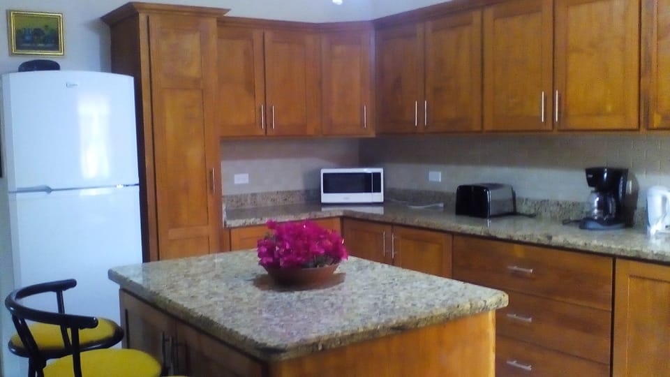 Kitchen has granite countertops, cutlery, crockery, pots, pans & new appliances