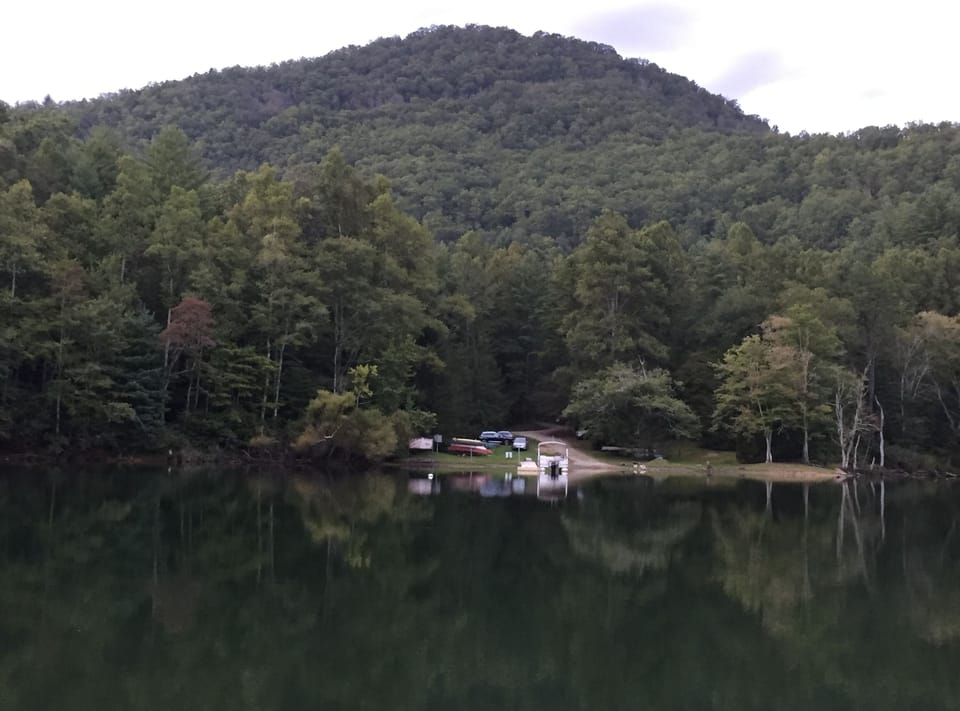 Looking at lake access from the lake, cottage is in the middle of the mountain