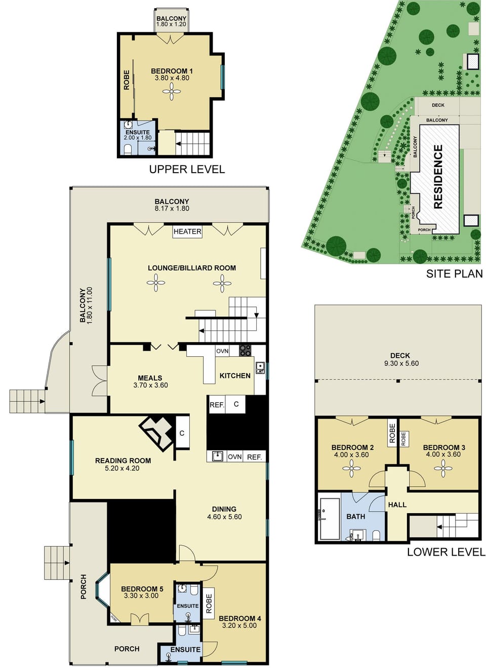 Floorplan shows three levels, five bedrooms, four bathrooms etc. 
