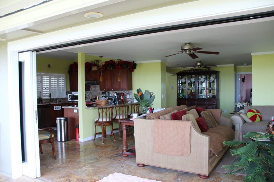 Pic from the lanai looking inside the living room, kitchen, and dining area.