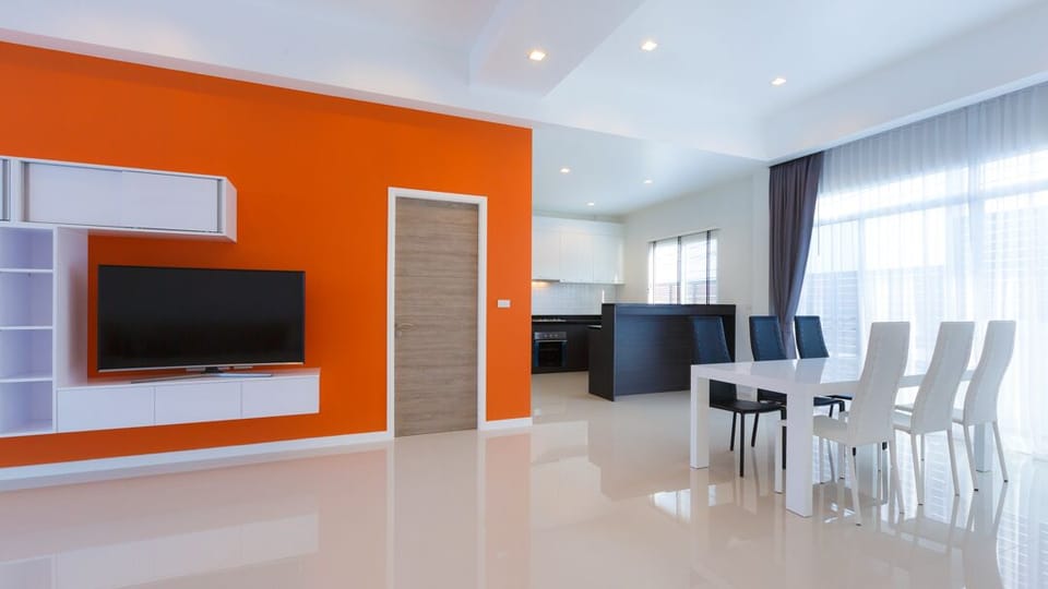 view from sofa to kitchen and dining area