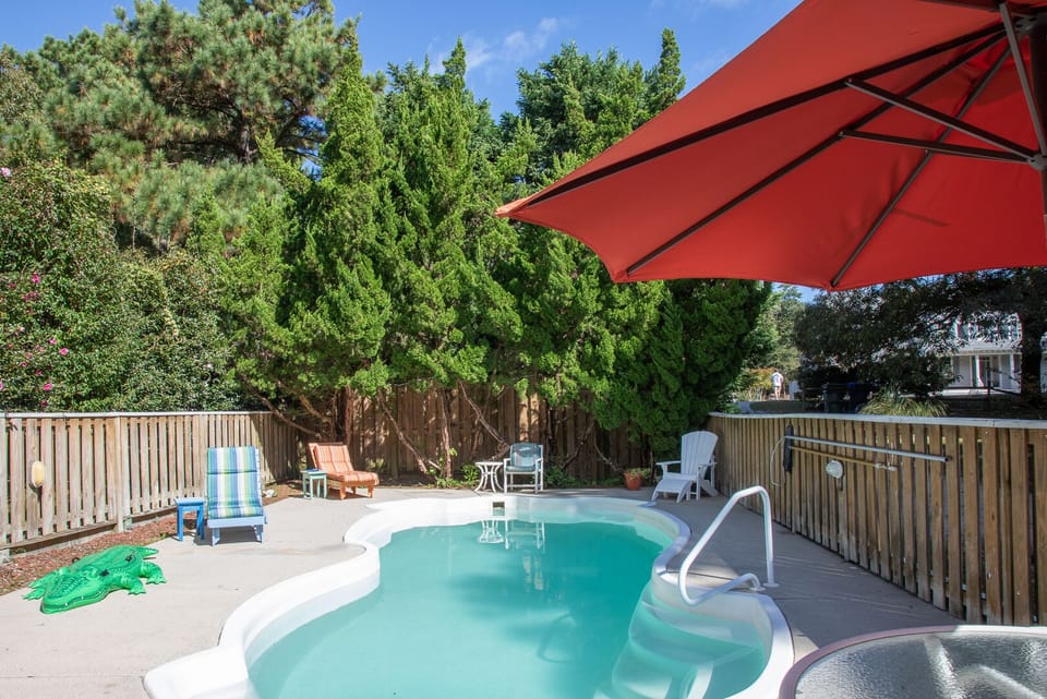 Fenced pool seasonally open May 1 to Oct 1. 3 ft to 5 ft depth.