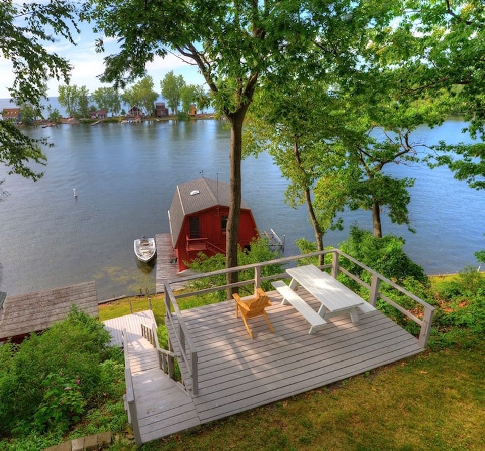 View from above of deck and boathouse area.