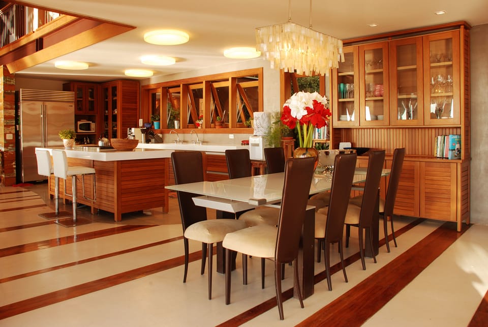 Indoor dining area and kitchen