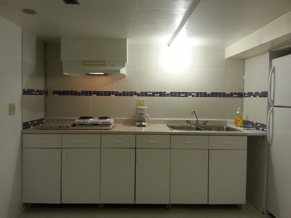 Kitchen:electric stove, microwave, toaster, coffee maker, flat-pan, refrigerator