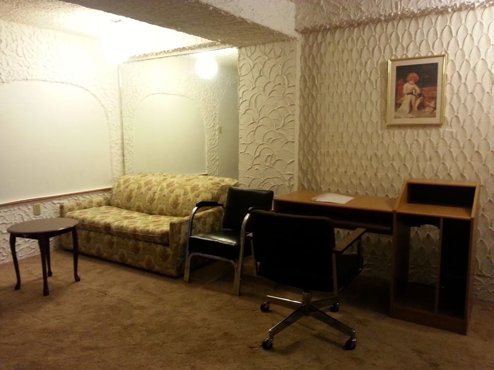 Living room: double size sofa bed, chairs, desk, coffee table, drawers.