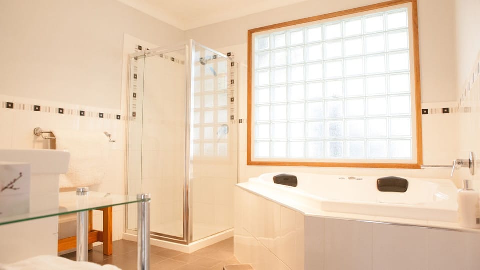 large modern bathroom with spa bath