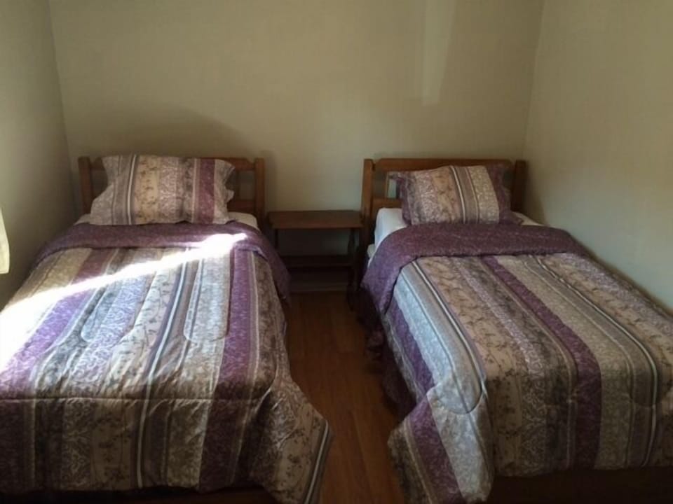 2nd bedroom has twin beds, dresser and chair.
