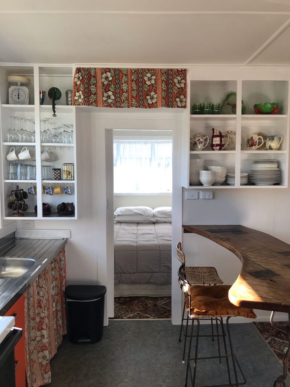 Kitchen with retro collection. Small double bedroom can be viewed here. 