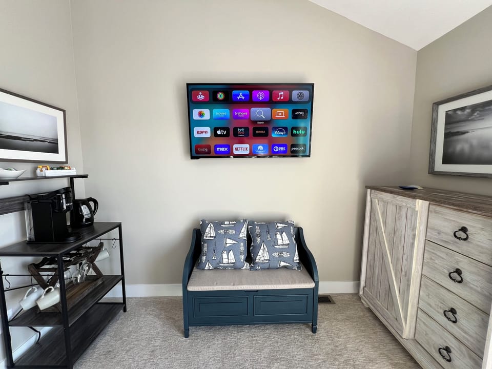 TV in King suite with Apple TV, lots of apps inc You Tube TV for local channels