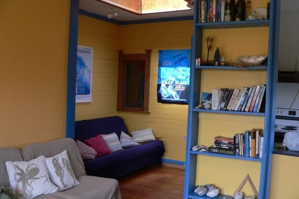 Cosy nook in living room has fold out sofa /queen bed and skylight to watch the stars at night