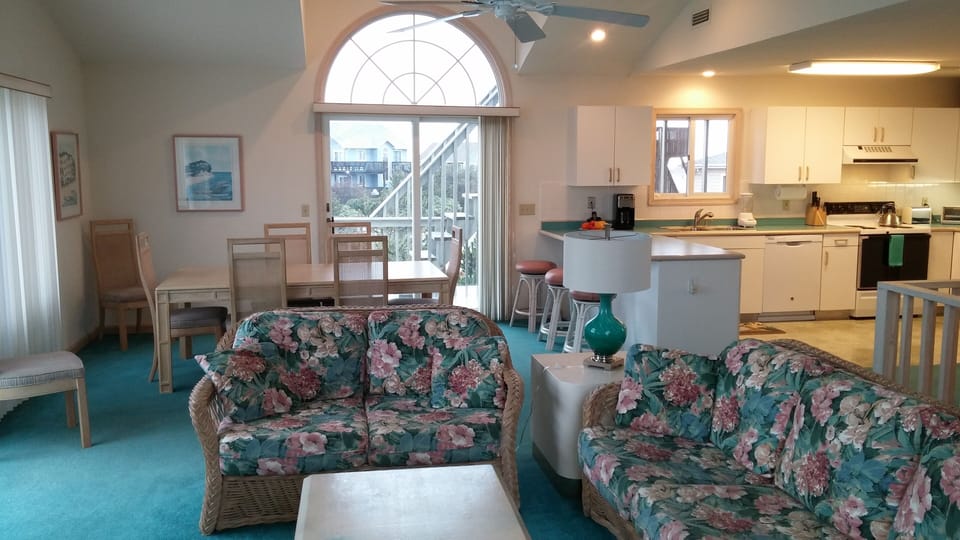 Great room and kitchen, looking toward the west.