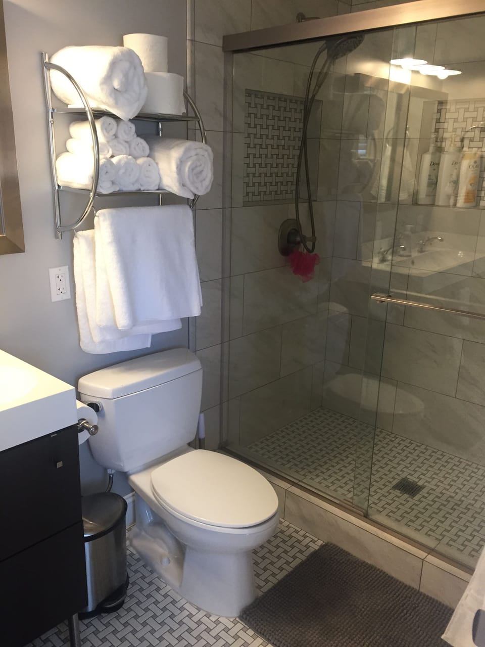 Master shower enclosure.  We offer plenty of fresh clean towels.