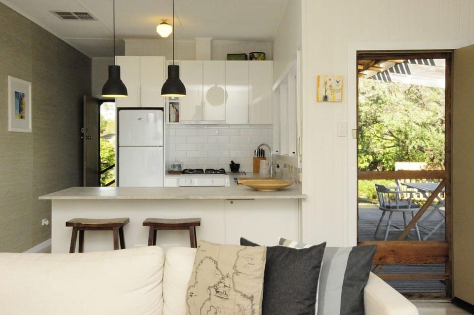Kitchen with view of back deck