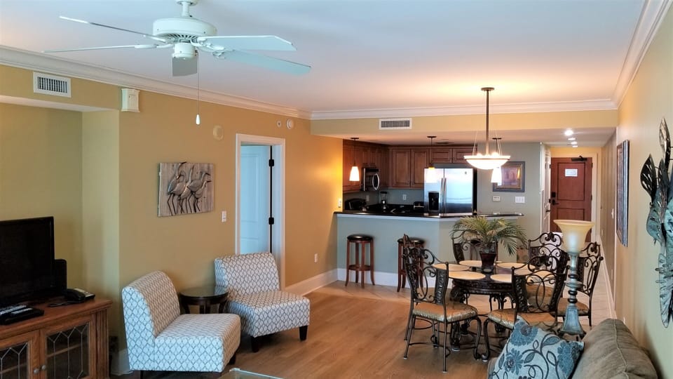 Dining room, kitchen, and a leisure set for two.