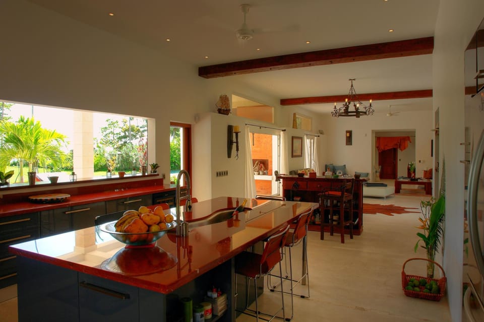 Kitchen Center Island looking onto the garden, ocean, and living room