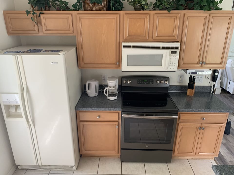 Kitchen area with large fridge/ Freezer with cold water and Ice  