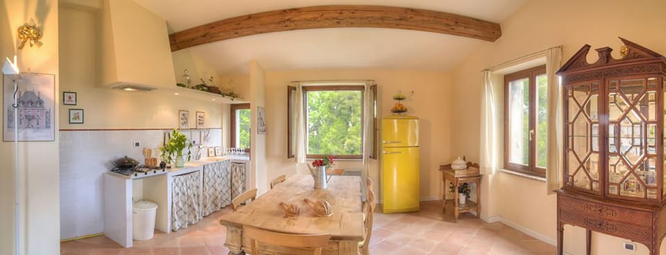 The upper floor kitchen and breakfast area. The whole group can dine 