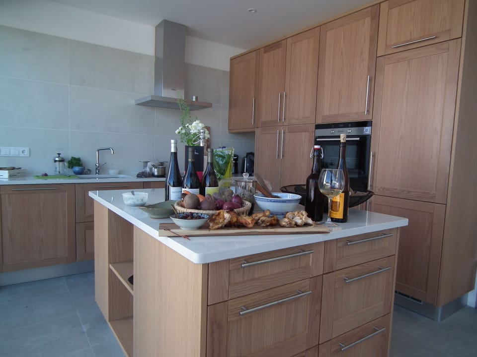 Kitchen opening up to pool area and view towards Nature park