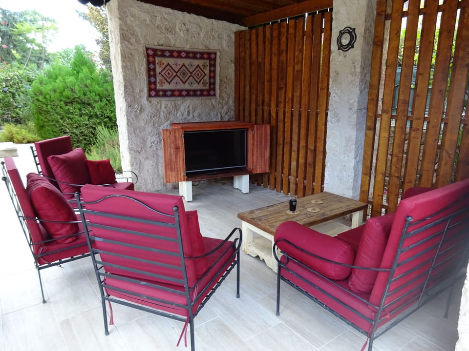 Outside tv lounge with amazon fire stick. 