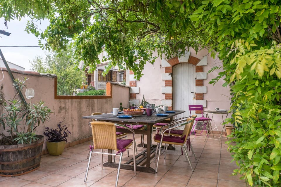 Terrace dining under shade of vine