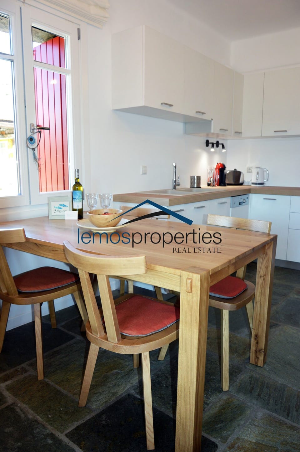 The dining area and kitchen