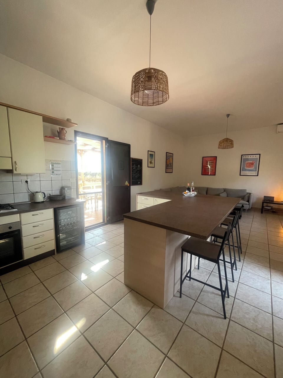 kitchen, dining, living space