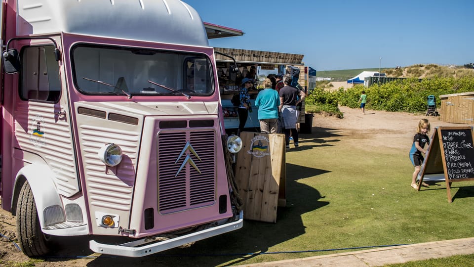Gastrobuses at Bantham beach serving hot and cold food and drinks.